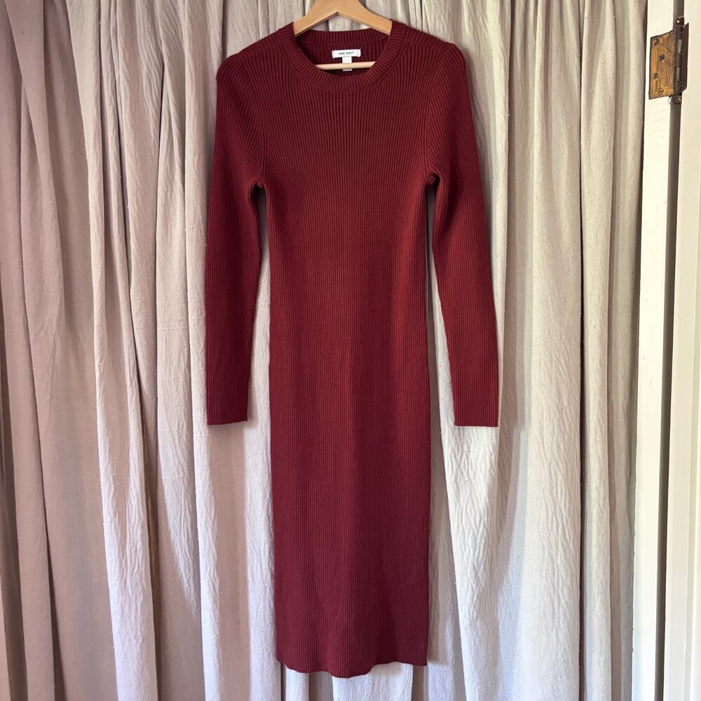 Nine West Ribbed Sweater Dress Rust Red Long Sleeve Midi Large